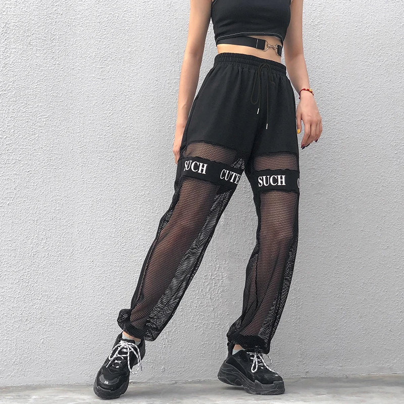 Women's Loose Harajuku Sweatpants, High Waist Pants, Fishnet Patchwork, Letter Hollow Out Mesh Pants, Sport Bottom, Streetwear