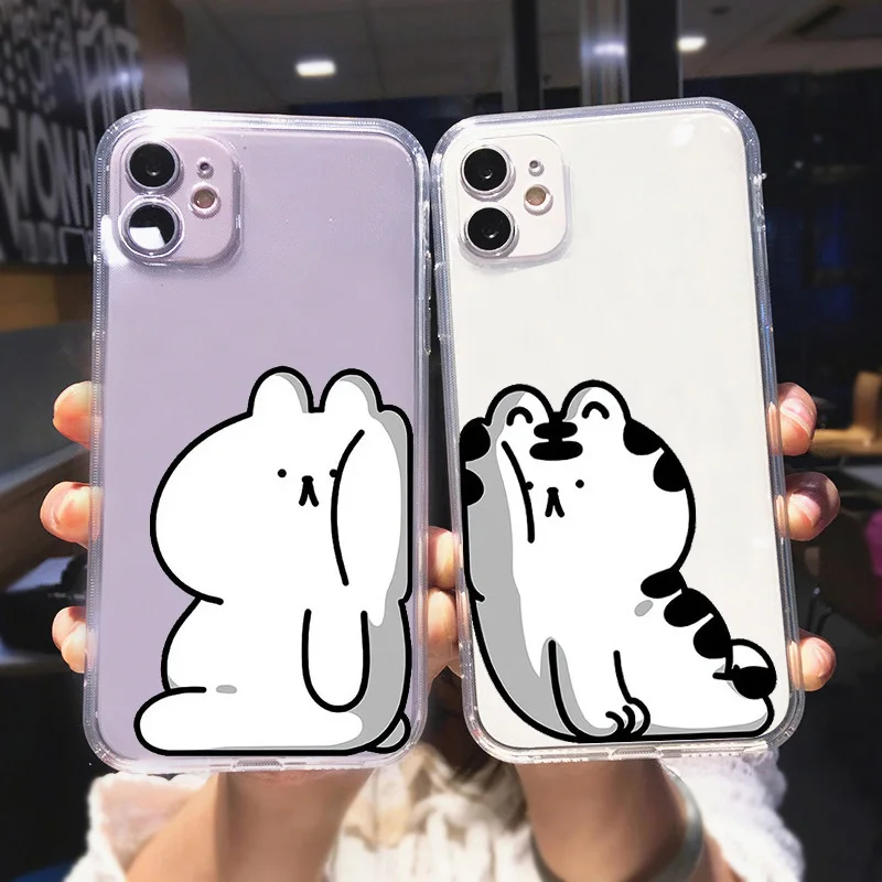 재미있는 곰 토끼 커플 휴대폰 케이스, 아이폰 15, 12, 11, 13, 14 프로 맥스, 미니 X, XS, XR, 8, 14 플러스, SE, 투명 연인 커버