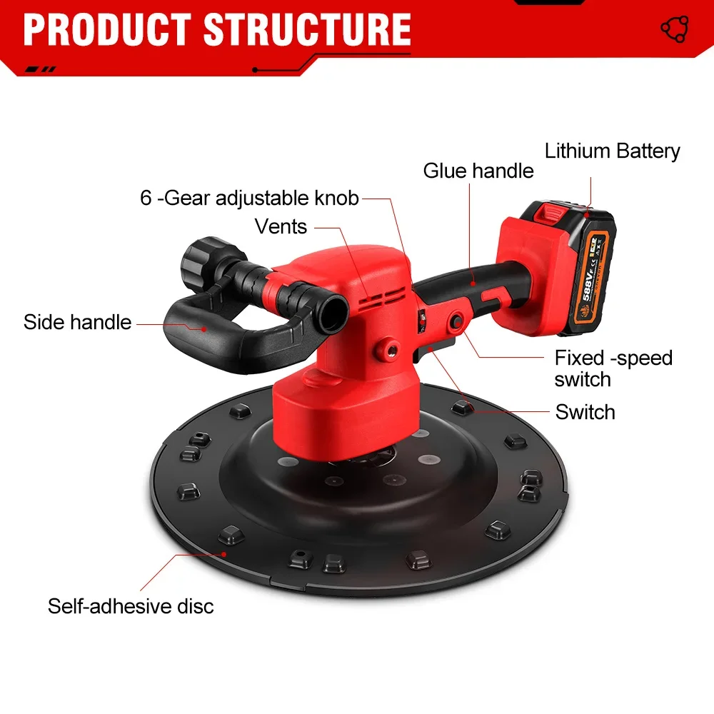 ONEVAN Brushless Electric Drywall Sander 1280W Wall Sandpaper Putty Powder Sanding Wall Polisher Machine For Makita 18v Battery 3