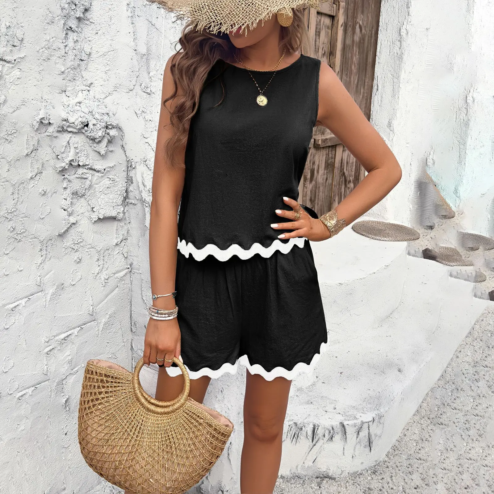 High Quality Women Clothing 2024 Summer Casual Fashion Lace Elastic Waist Shorts Sleeveless T-shirt Set High Waisted Shorts Y2k