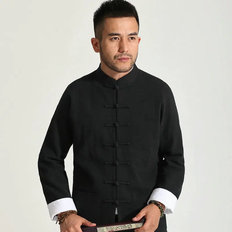 2024 Spring Men Relax Linen Coat Navy Blue Gray Black Mandarin Collar White Cuff Design Jackets Tangzhuang Outfits Zen Clothing men linen tunic coat both sides wearing design red black beige mandarin collar tangzhuang outfit hanfu chinese kungfu jackets