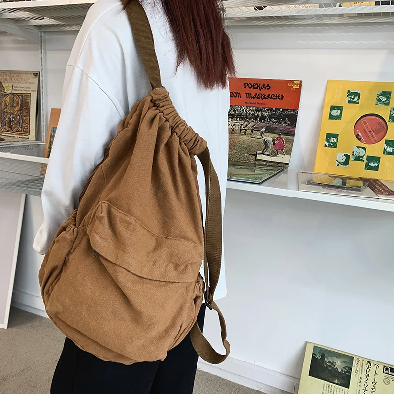 HOCODO Canvas Drawstring College Backpack Fashion Anti-Theft Backpack Solid Color Student Backpack Unisex Vintage Backpack Women 