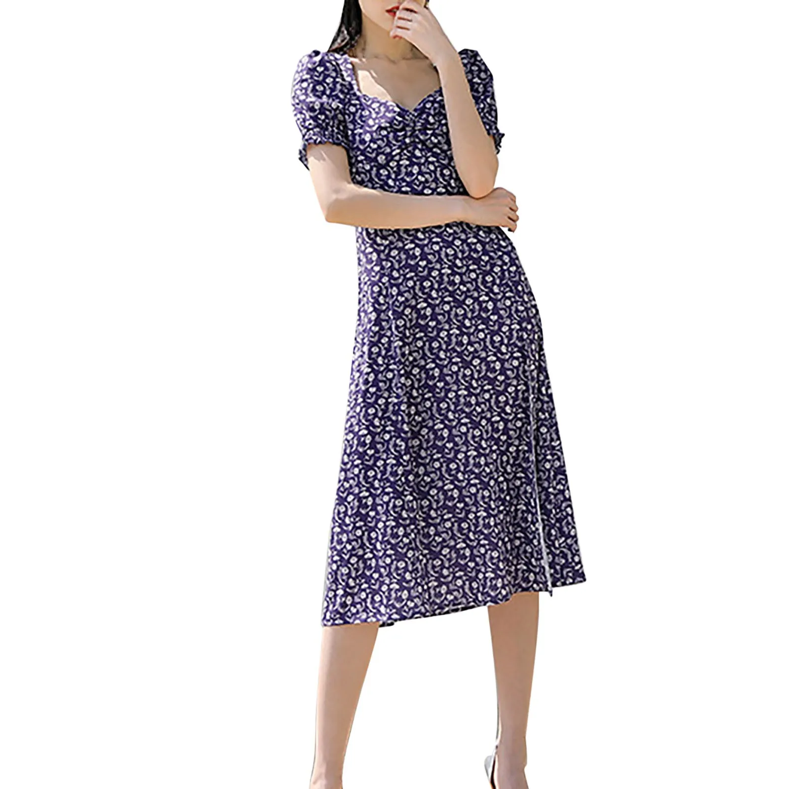 

Женское винтажное платье средней длины, Элегантное повседневное платье во французском стиле с цветочным рисунком, коротким рукавом и квадратным вырезом, лето 2023