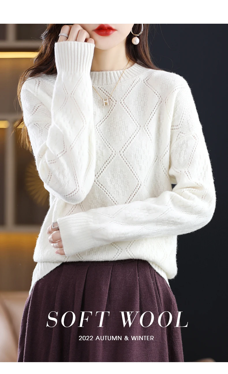 Autumn Winter 100% Merino Wool Women's Round neck Sweater Casual Diamond Hollow Knitwear Pullover New Embroidered Sweater Tops