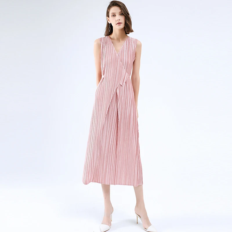 

Miyake Pleats Irregular Dress 2023 Summer Original Designer New Fashion Women Stitching Long Fluorescent Pink Sleeveless Clothes