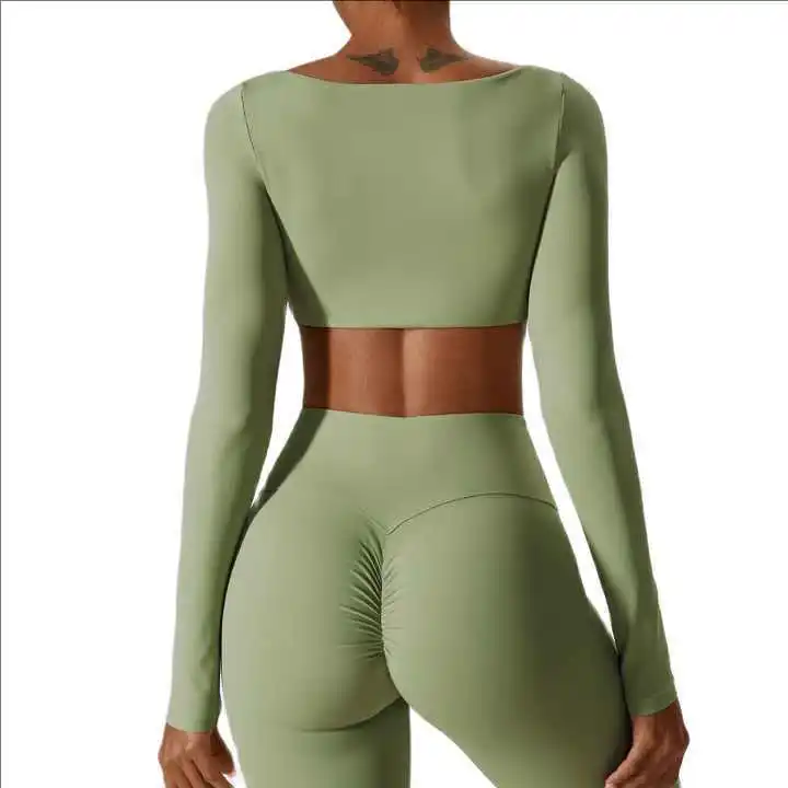 Women High Elastic Fitness Crop Top Long Sleeve Square Neck Top Padded Workout Yoga Tight Tops 5.0 crop tops gym top