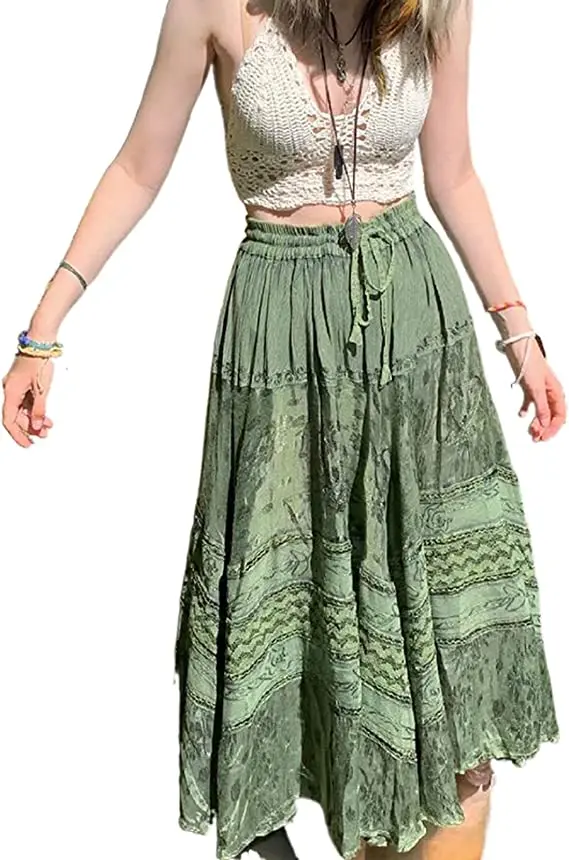 

Midi Skirt for Women A Line Pleated Long Skirt Floral Print Maxi Skirts Vintage Grunge Streetwear