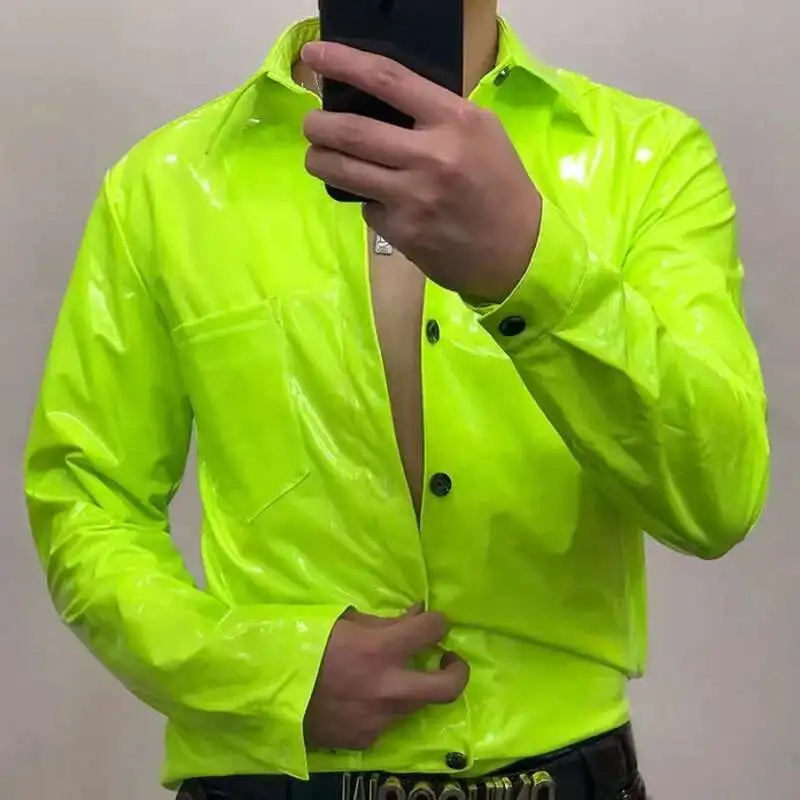 15 Colors Mirror Reflective ShinnyLeather Shirt Men's Slim Fit Shirt Night Club Performance Dress PU Leather Strechy