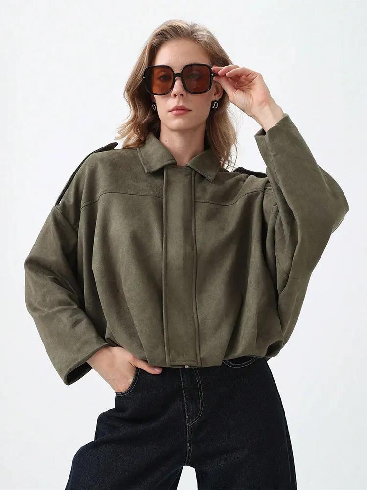 HH Women Loose Casual Suede Coat Turn-Down Collar Long Sleeve Bomber Jacket Fashion Lady High Street Yellow Outerwear