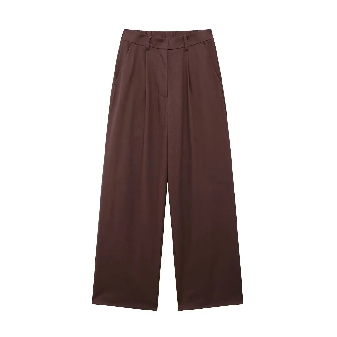 thumbnail image 1 of HH TRAF 2024 Pantalones de pierna ancha lisos con bolsillos laterales y cremallera para mujer, pantalones largos holgados y ajustados de cintura alta a la moda para mujer, 1 of 5
