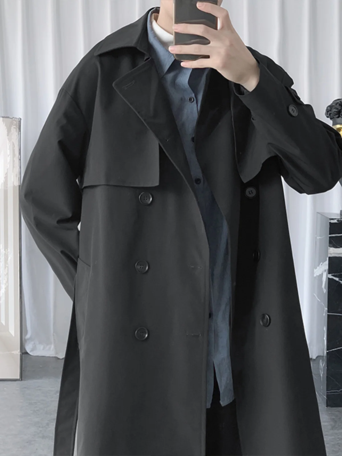 

Trench Coat Men's Spring 2024 Double Breasted Button Suit Japanese Loose Cardigan Casual Pleated Jacket Men Clothing B26