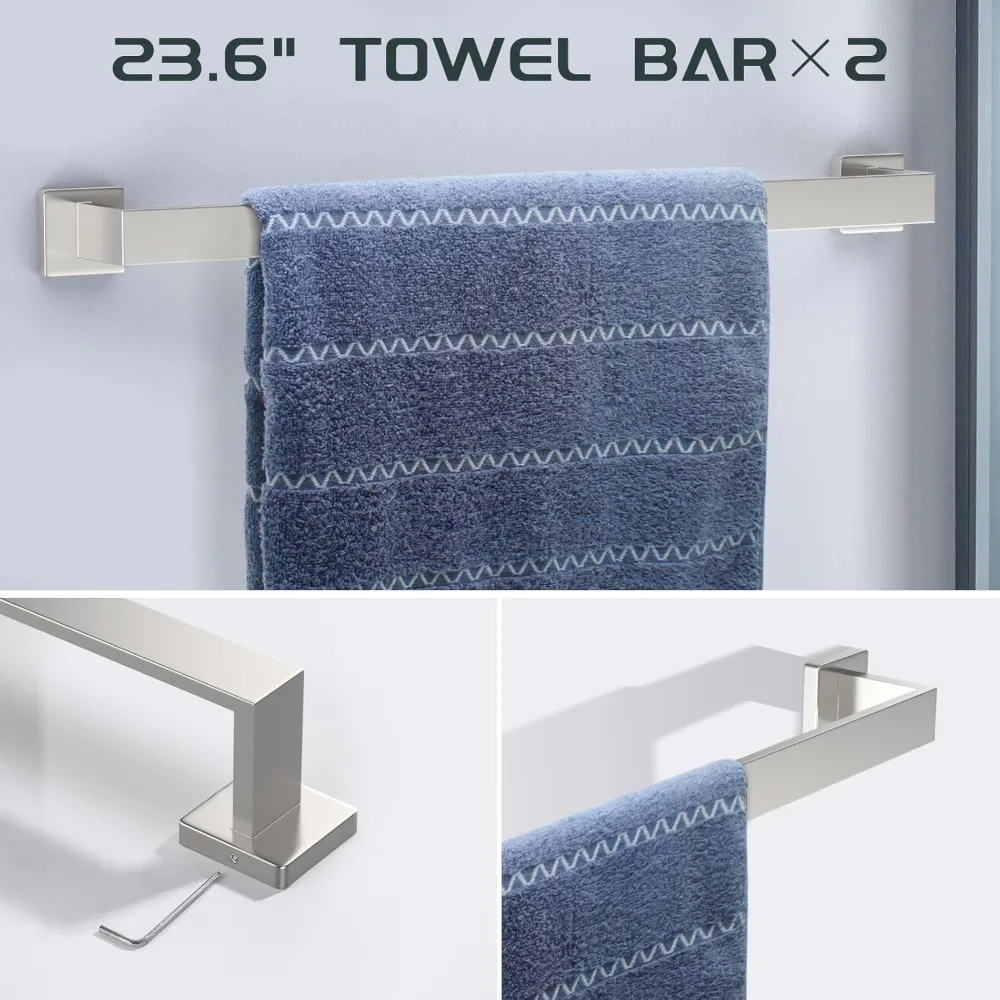 7-piece bathroom brushed nickel towel rack set, 2 square 23 inch towel bars and stainless steel accessories wall mounted