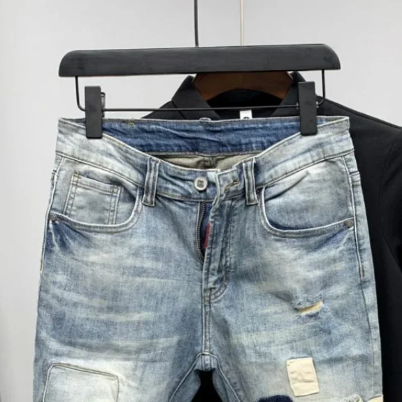 Male Denim Shorts with Pockets Blue Men's Short Jeans Pants Ripped Spliced New Harajuku Fashion Cowboy Thin ZL456