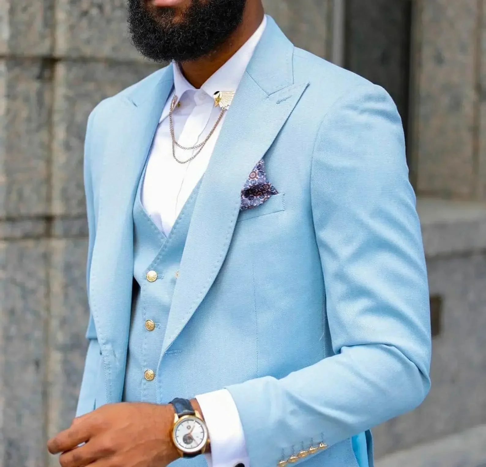 Sky Blue  Suits for Men Peak Lapel Slim Fit Blazer Sets Custom Fashion Three-Piece Jacket+Pants+Vest Trajes De Hombre