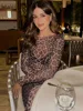 Women's Summer 2025 Leopard Print Mesh Dress Sexy O-neck Long Sleeve See-through Slim Fit Streetwear for Holiday Parties 6