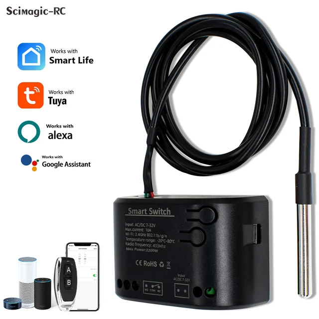 โมดูลรีเลย์ Tuya Smart 10A AC/DC 7-32V 85-250V แบบ Passive Dry Contact พร้อมเซ็นเซอร์วัดอุณหภูมิแบบเทอร์โมสตัท ตรวจสอบพลังงาน รองรับ Alexa 1