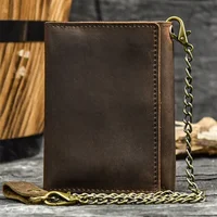 Men Genuine Leather Short Wallet with Chain Zipper Clutch Wallets Male Short Trifold Purse Card Holder Change Coin Purse 1