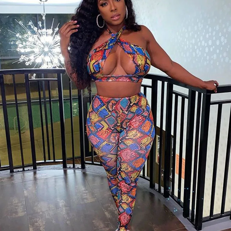 

Sexy Club Outfit for Woman 2 Piece Sets Snakeskin Halter Hollow Out Crop Top and Pants Party Night Matching Sets Womens Outfits