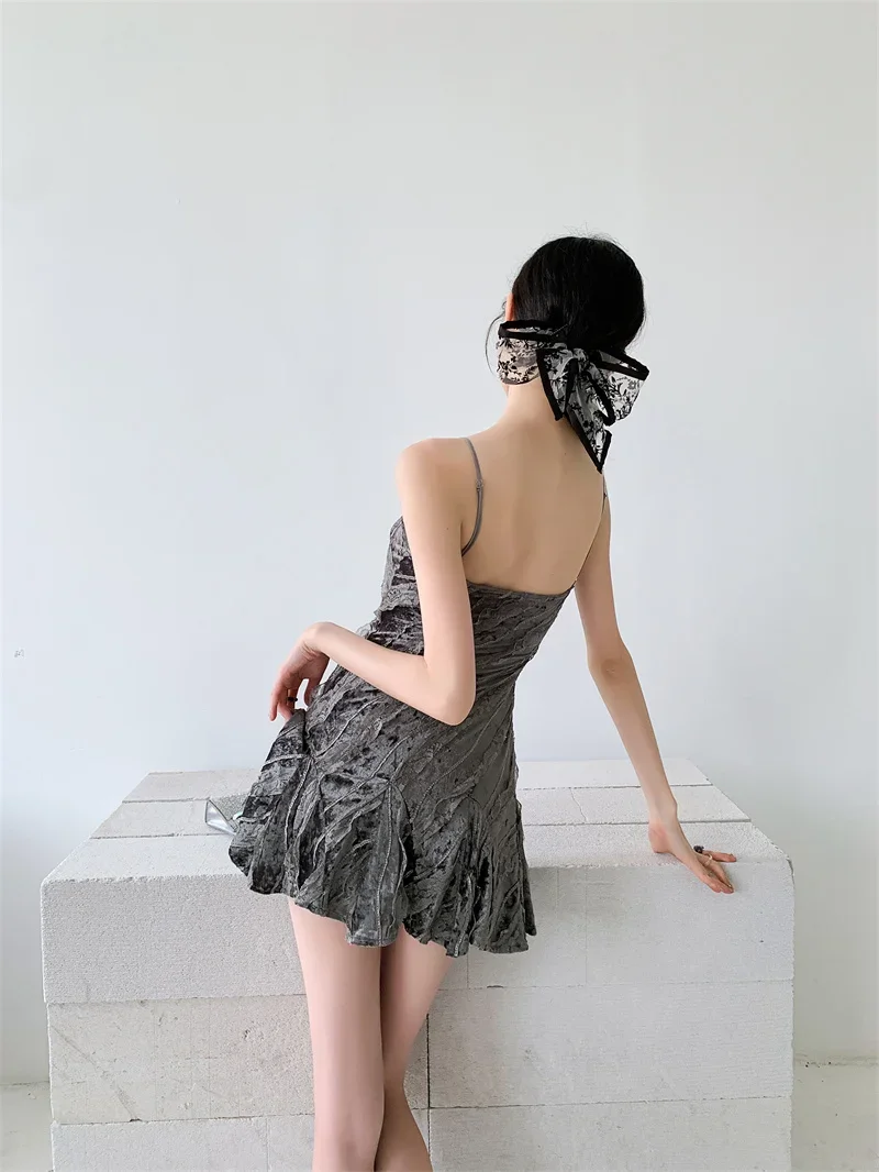 Summer Dark Gray Sexy Velvet Stitching Lace Oblique Cut European and American Style Strap Ultra Short Dress