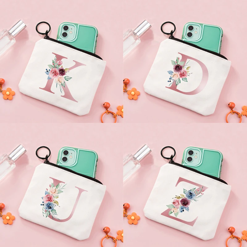 Pink Letter Flower Print Purse for Girls Coin Small Fresh Canvas Zipper Pouch Girl Kawaii Bags Cute Bag Gift |