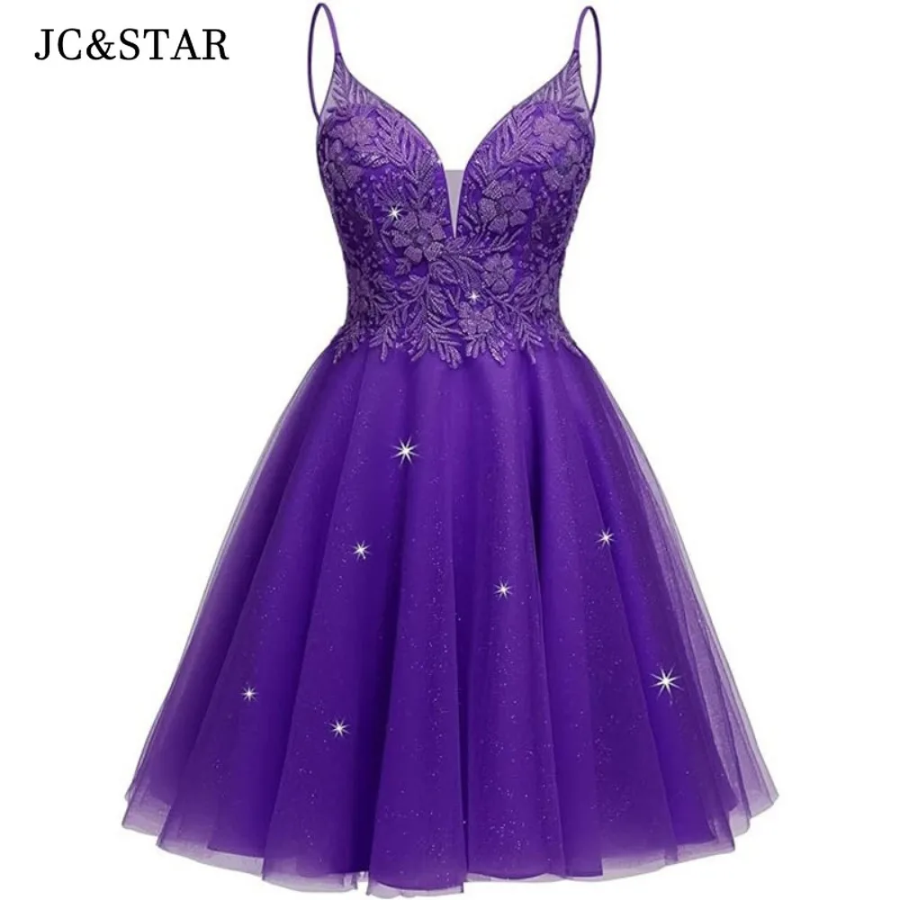 Royal Blue Chiffon Stickers Sexy Deep V Neck Thin Shoulder Straps Cocktail Dresses Shiny Alumni Party Dress Short Prom Robes