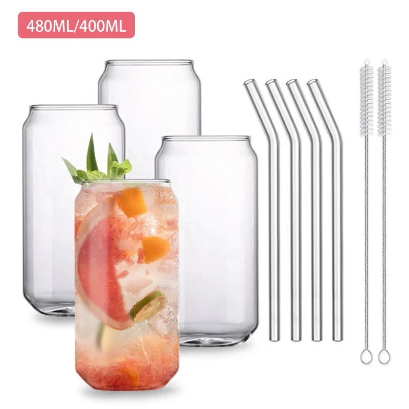 

480/400ML Glass Cup With Lid and Straw Transparent Cold Drink Coffee Mug Bubble Tea Glass Cup Beer Can Juice Milk Cola Glass Cup