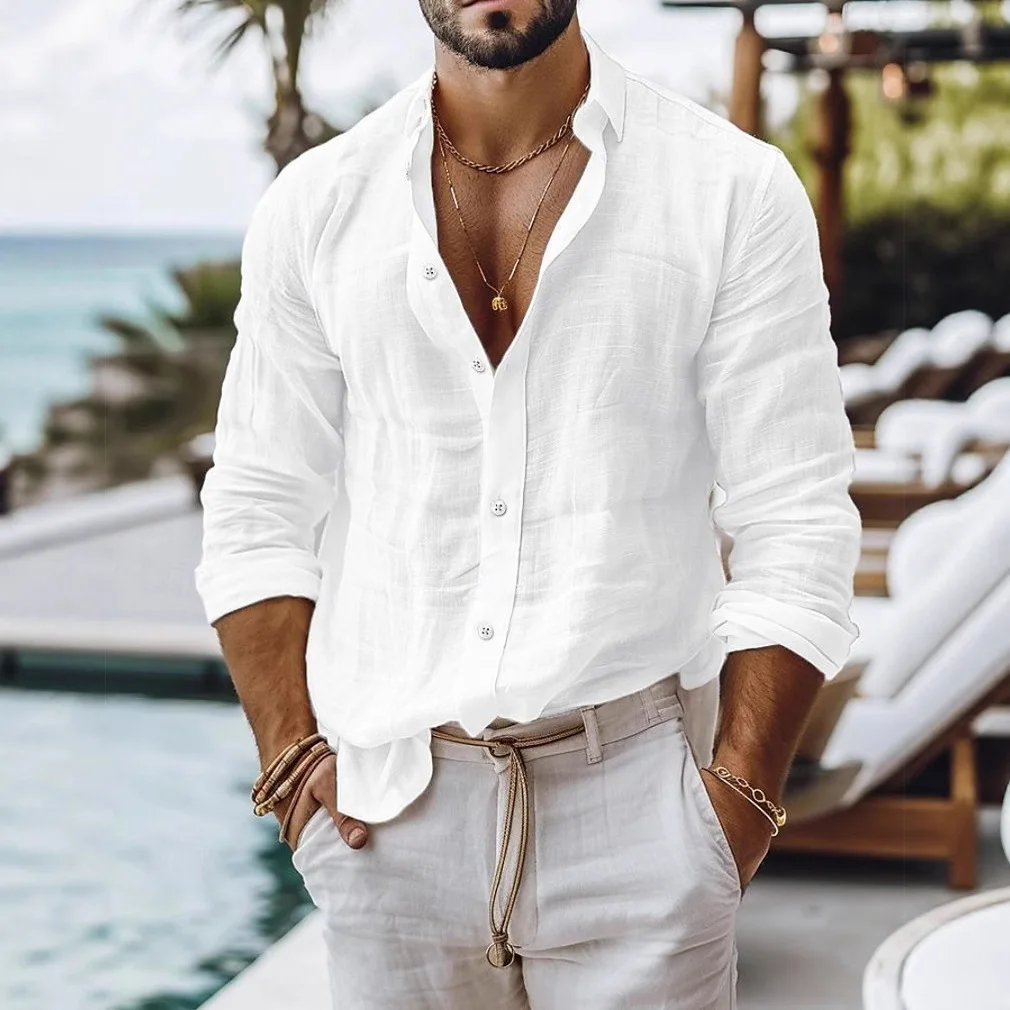 Linen Long Sleeve Men Blouse Shirts Summer Beachwear