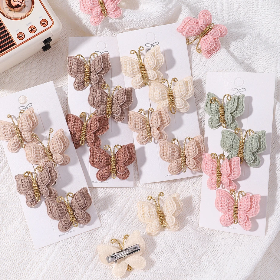 2/4pcs/set New Cute Baby Girls Wool Knitting Headwear Handmade Crochet Butterfly Alloy Hairs Clips Children Hairpins Wholesale