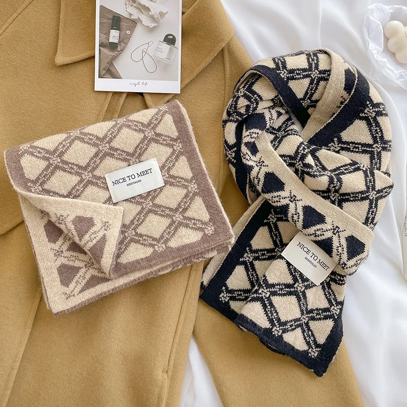 

Women Winter Knitted Soft Scarf Casual Plaid Design Woolen Yarn Neckerchief Bufanda Female Cashmere Warm Korean Style Echarpe