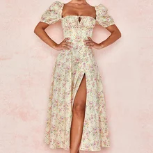 

European and American Style Comfortable Women's Clothing2021New Fashion Puff Sleeve Floral Mature Elegant High Fork Long Dress S