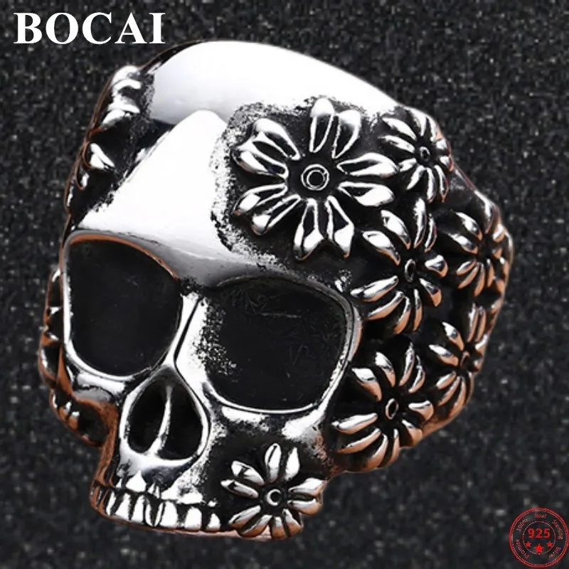 

BOCAI S925 Sterling Silver Rings for Men Women 2022 New Fashion Retro Flowers Skull Adjustable Pure Argentum Punk Jewelry