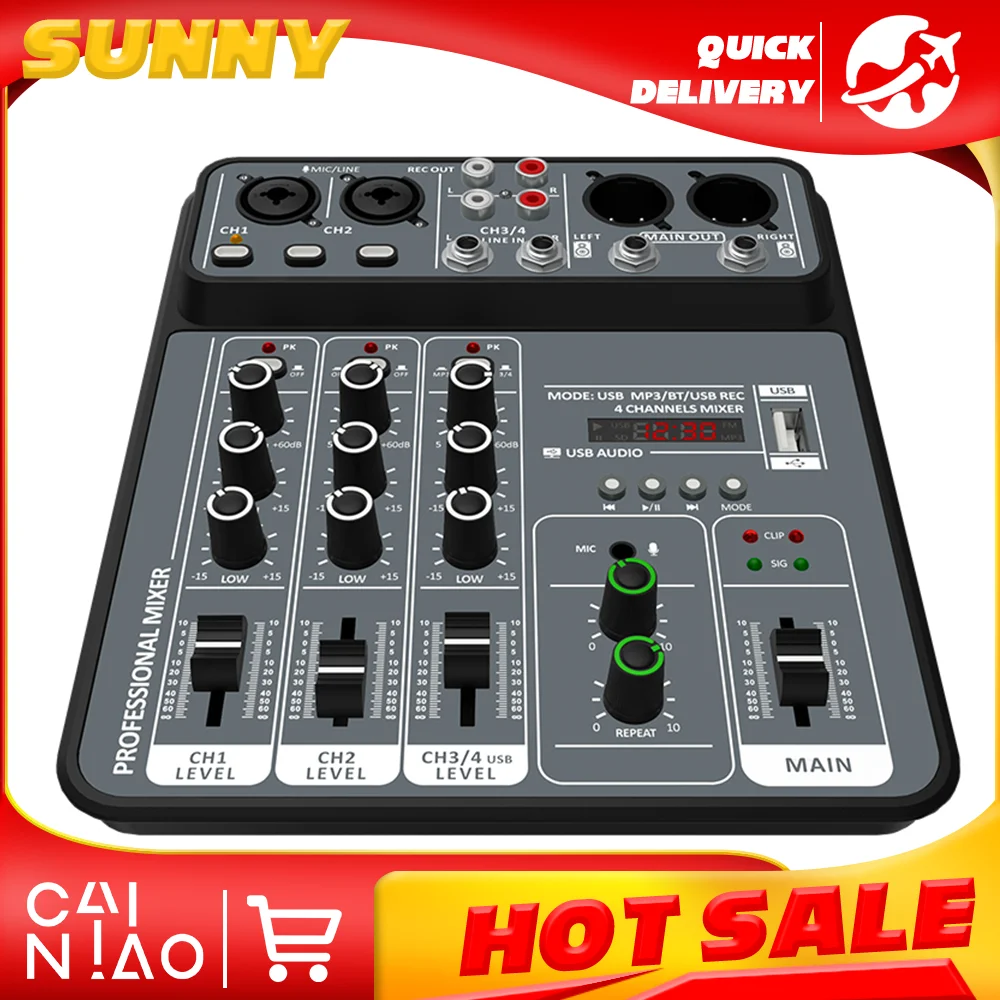 Audio Mixer 4 channel Dj Mixing Console Bluetooth 48V Phantom Power Monitor Karaoke Systeem Usb