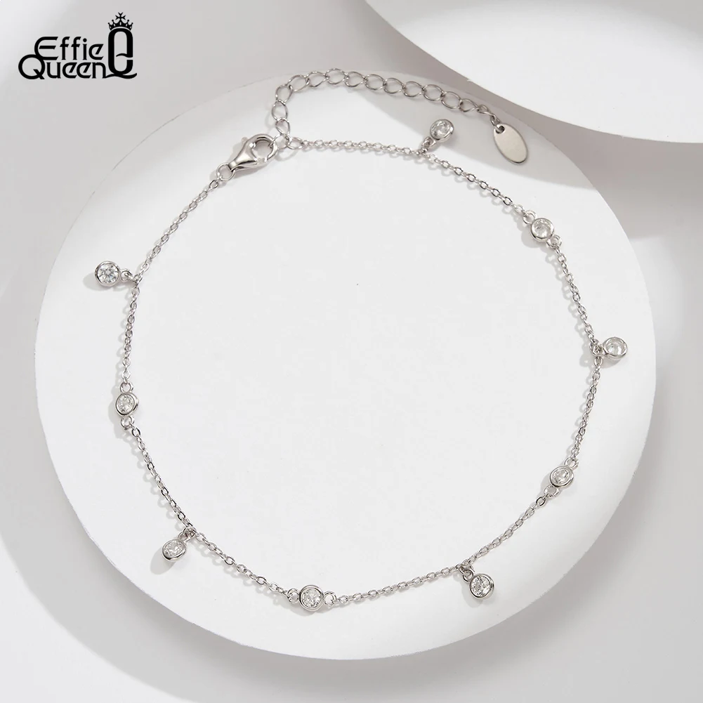 Effie Queen 925 Sterling Silver Row Cubic Zirconia Beaded Ball Chain Anklet for Women Fashion Foot Ankle Straps Jewelry SA70 anklet bracelets,silver anklets,ankle chain