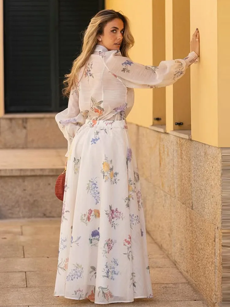 Women's Summer Floral Print Skirts Set For Woman Long Sleeve