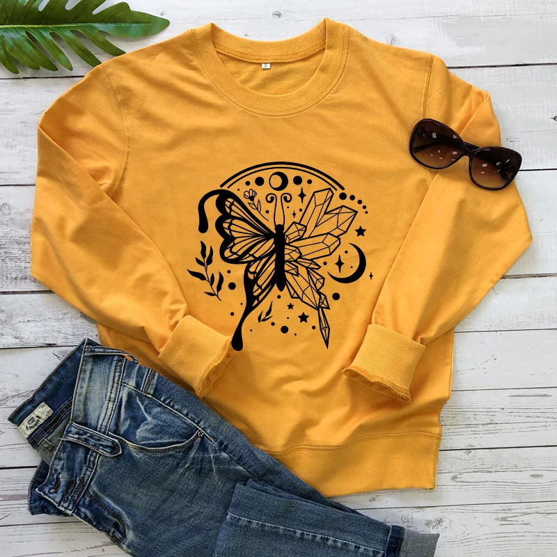 

Женский свитшот с длинным рукавом, винтажный Джемпер со звездами, луной, кристаллами и бабочками, пуловеры для мамы