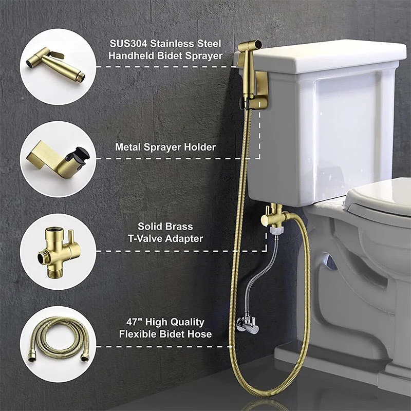 Description Picture 5 of itemStainless steel Gold color Toilet Bidet Spray gun wc shower head Sprayer set Douche protable T valve self cleaning Kit Bathroom