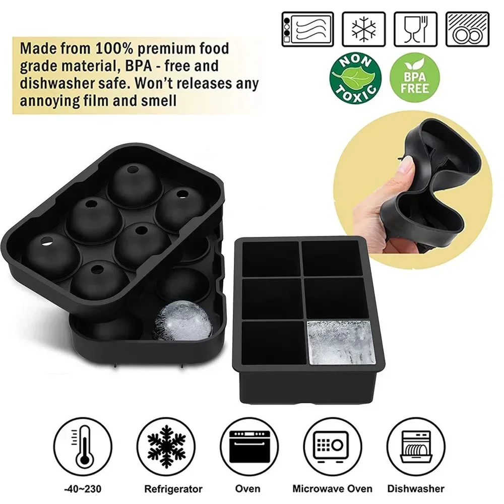 Large Ice Cube Tray with Lid Silicone Square Ice Cube Maker Ball Freezer Mold for Whiskey Cocktail Iced Coffee 4/6/8 Grids silicone ice cube tray