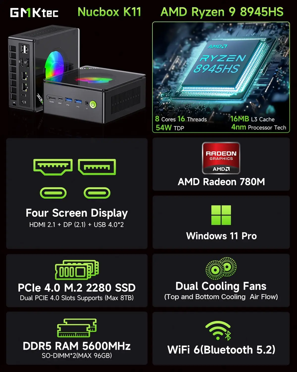 GMKtec NucBox K11 Gaming Mini Pc Ryzen 9 8945HS Windows 11 PRO DDR5 5600Mhz NVME PCIE4.0 Radeon 780M TDP 70W Oculink Port WiFi 6 5