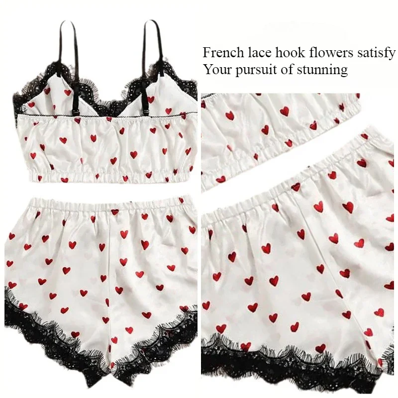 Women Pajamas Set 3Pcs/2Pcs Satin Ice Silk Heart Print Lace Sleeping Skirt Seamless Homewear Pajama Shorts Set Sleepwear women pajamas set,women pajama suit