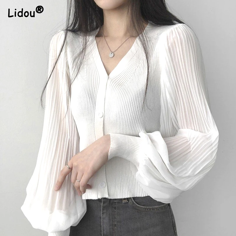 

2023 New Spring and Autumn Elegance Simple V-neck Single Breasted Unique Folded Oversized Lantern Sleeves Knitted Cardigan