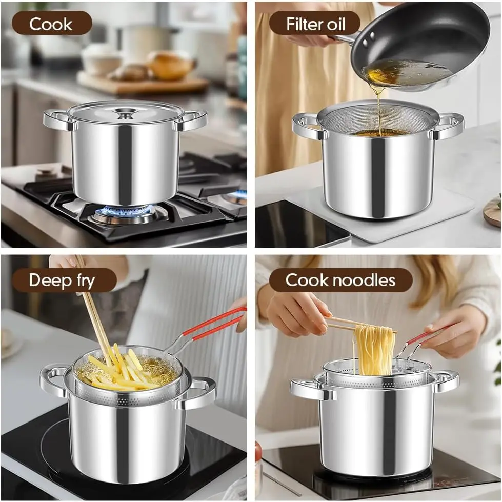 Stainless Steel Oil Filter Pan with Filter Frying Pan Double Ears with Frying Basket Cover Grease Storage