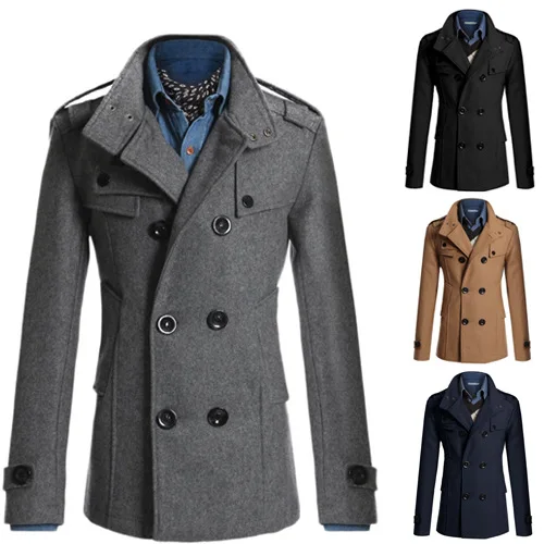 Mens Double Breasted Cotton Coat 2023 Winter Wool Blend Solid Color Casual Business Fashion Slim Trench Coat Jacket Men411_voghion.com
