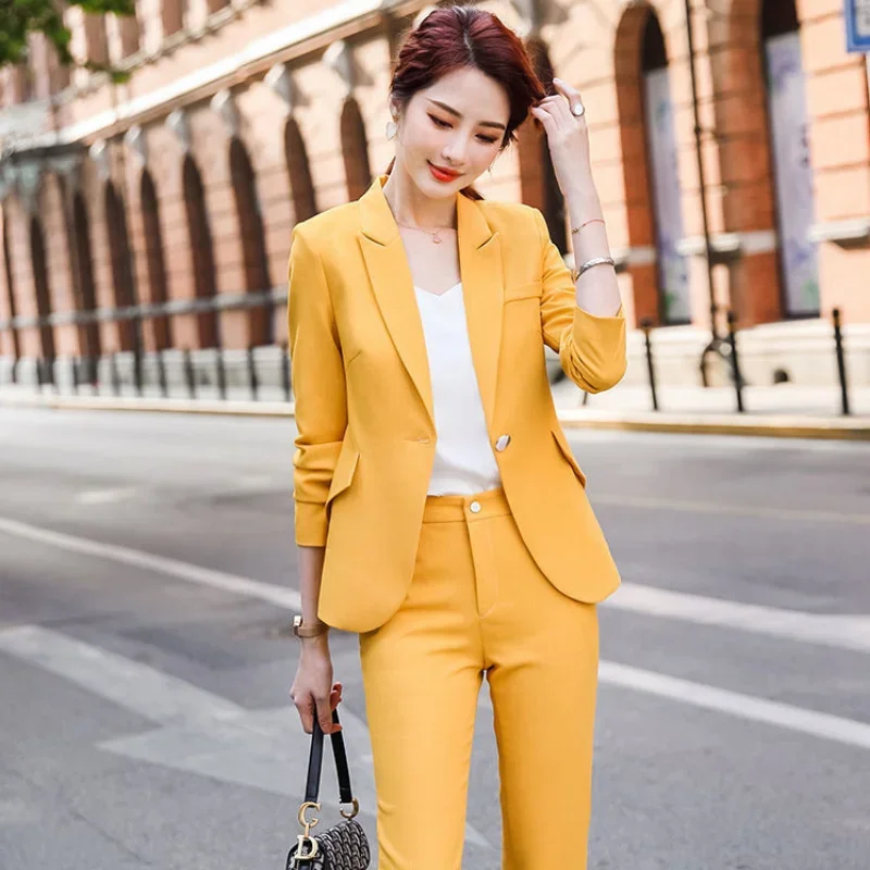 new yellow summer business office pant and blazer 2 piece set outfits for  work