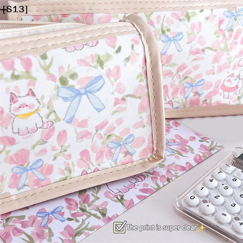 귀여운 핑크 새끼 고양이 고양이 투명 연필 케이스 대용량 휴대용 여성용 메이크업 가방 학생 문구 펜 보관 가방Q@