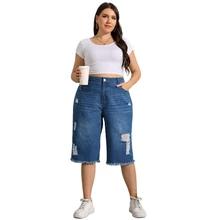 

Casual Plus Size Women Breeches Baggy High Waist Leggings Midi Short Pants Streetwear Denim Shorts Ripped Jeans Cargo Feminina