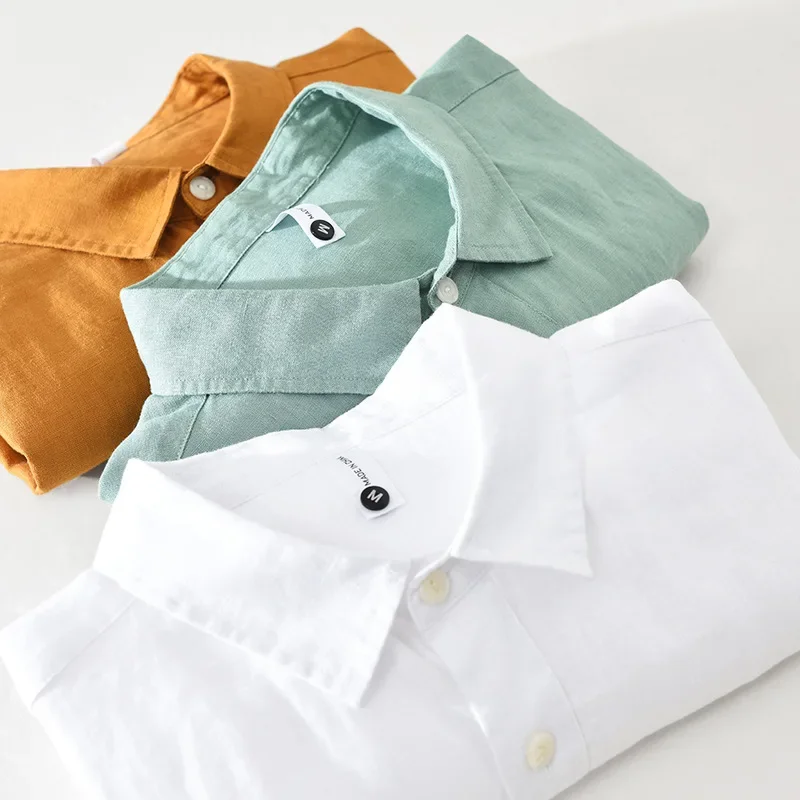 Men Pure Linen Short-sleeved Shirt Spring Summer Fresh Literature and Art Leisure Square Neck Linen Top Workwear CM3023 casual short sleeved shirt linen shirt short sleeved shirt