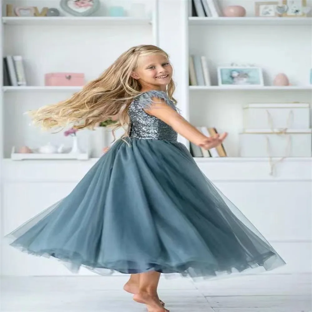 

Feathers Blue Sequins Flower Girl Dress Princess 2023 Ball Gown Kids Birthday Party Dresses First Communion Pageant