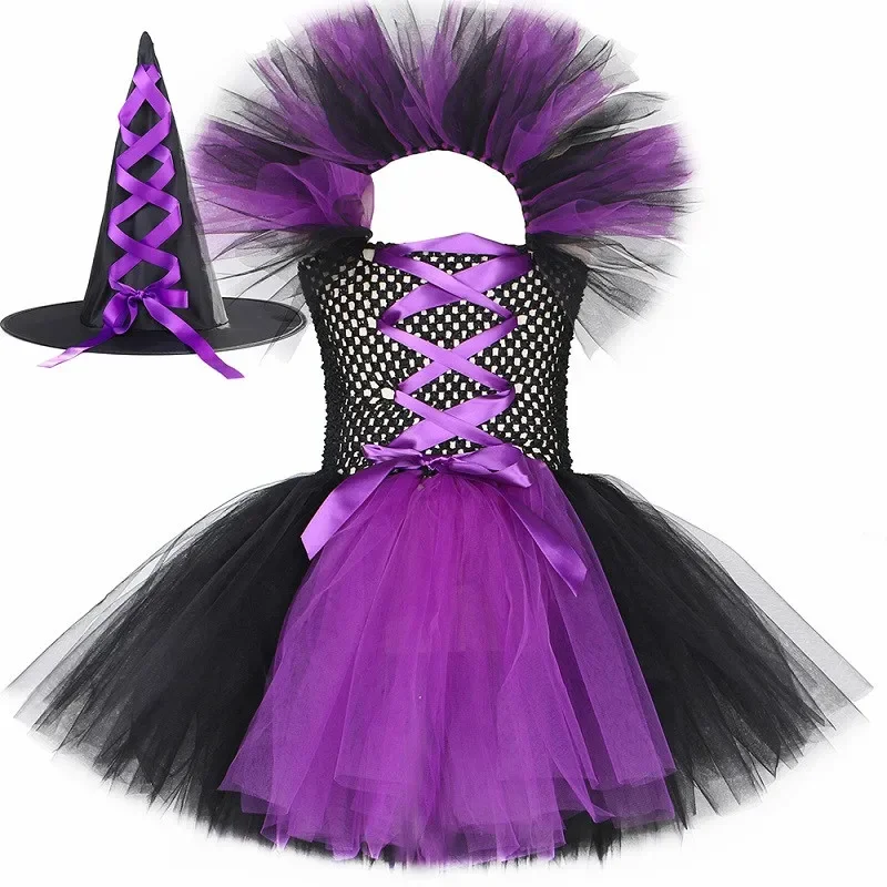 thumbnail image 1 of Disfraz de bruja malvada para Halloween para niños, fiesta de carnaval, disfraces de niñas, vestido de tutú de bruja malvada con sombrero y escoba mágica, 1 of 5