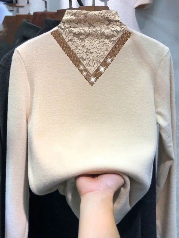 

Autumn Tunic Sexy Tshirts for Women 2023 Ropa Mujer Fashion Lace Patchwork Tops Half High Collar Long Sleeve Korean T Shirts