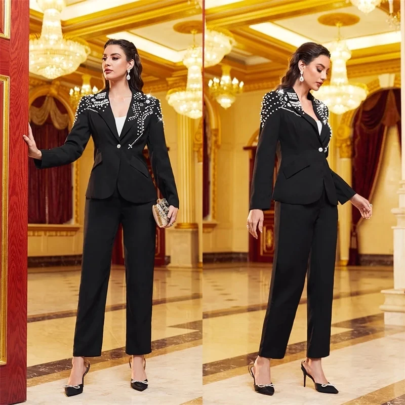 Exquisite Pearls Women Suits 2 Pieces Formal One Button Blazer Pants Peaked Lapel Plus Size Custom Made Mother Of The Bride